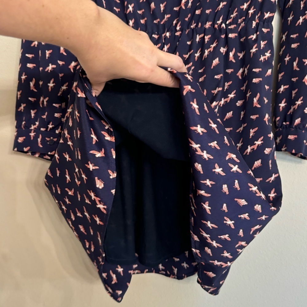 Novelty Print Birds Bar III Dress Long Sleeve Navy Blue Size XL Summer Spring - Picture 13 of 16